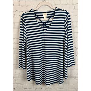 CHICO'S white blue stripes 3/4 sleeve A-line top sweater pullover size 1 8 M